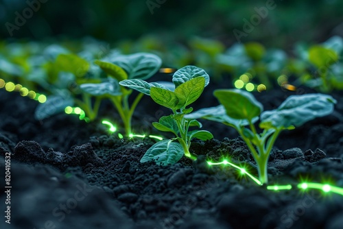 Close-up of young green plants growing in fertile soil with glowing lines, representing innovative agricultural technology. photo