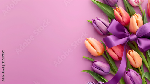 Hyacinth tulip flowers with a purple bow on a pink  background, generative Ai #820410567