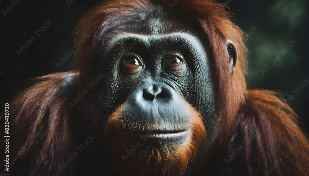 Close-up portrait of a majestic orangutan with a thoughtful expression Close-up portrait of a majestic orangutan with a thoughtful expression