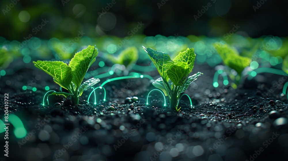 Close-up of young green plants in soil with interconnected glowing lines, symbolizing technology integration in agriculture.