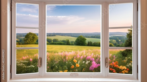 Beautiful spring landscape. View from the window of the countryside.