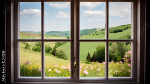 Beautiful spring landscape with meadow and flowers on the windowsill