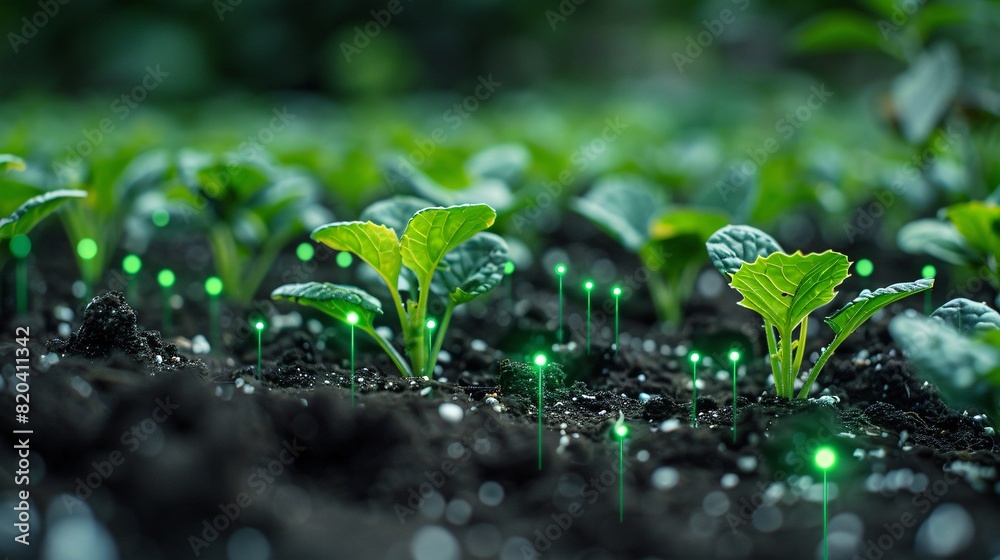 Close-up of young plant seedlings growing in soil, illuminated with glowing green lights, representing technology in agriculture. Close-up of young plant seedlings growing in soil, illuminated with glowing green lights, representing technology in agriculture.