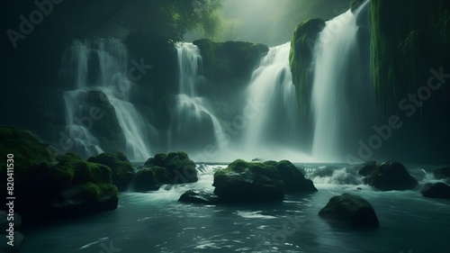 beautiful waterfall in deep forest. 3d rendering and illustration.