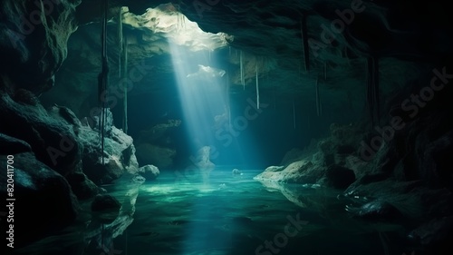 Underwater view of a cave with light coming out of the water