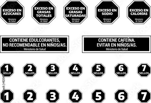 Nutrition warning stamps. Octagons. Excess sugars, total fats, saturated fats, sodium, calories, sweeteners, caffeine.