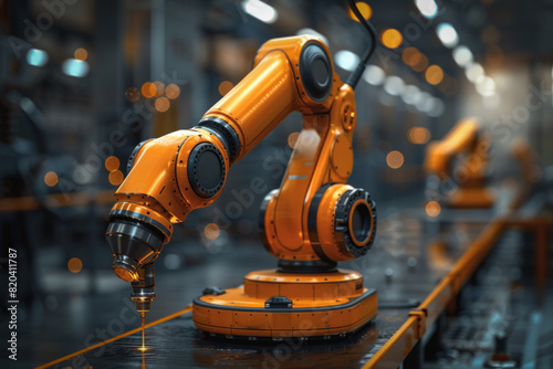 A robot is working on a piece of metal, and it is orange. The robot is in a factory setting, and it is surrounded by other robots. Scene is industrial and futuristic