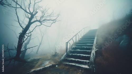 Staircase to the top of the mountain in the fog.