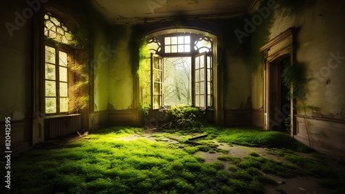 Abandoned interior of an old mansion with green moss and sunlight