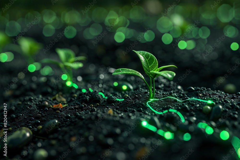 Close-up photo of a green plant seedling growing in dark soil with glowing green lights, symbolizing growth and nature's wonders. Close-up photo of a green plant seedling growing in dark soil with glowing green lights, symbolizing growth and nature's wonders.