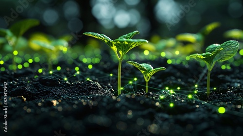 Close-up of young sprouts growing in soil surrounded by glowing green lights, showcasing a vibrant scene of new life and growth. photo