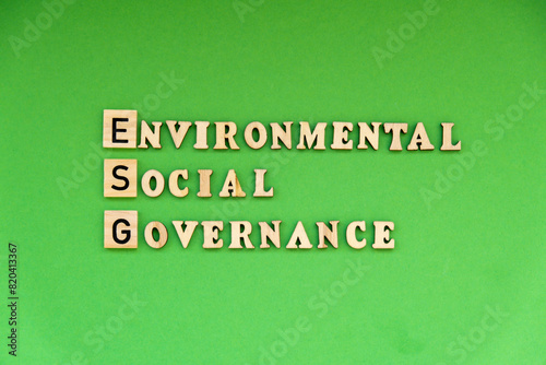 ESG inscription ENVIRONMENTAL SOCIAL GOVERNANCE investment business concept. Text on wooden block on green background. Society and corporate governance 