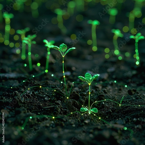 Young glowing seedlings emerging from dark soil, illuminated by soft light in a mystical, enchanting garden setting.