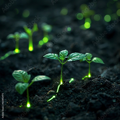 Young plant seedlings glowing in dark soil, representing growth and new beginnings in a futuristic, bio-luminescent garden setting.