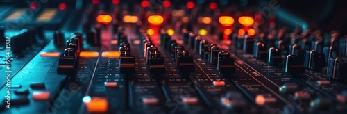 Close up of a sound mixing console.