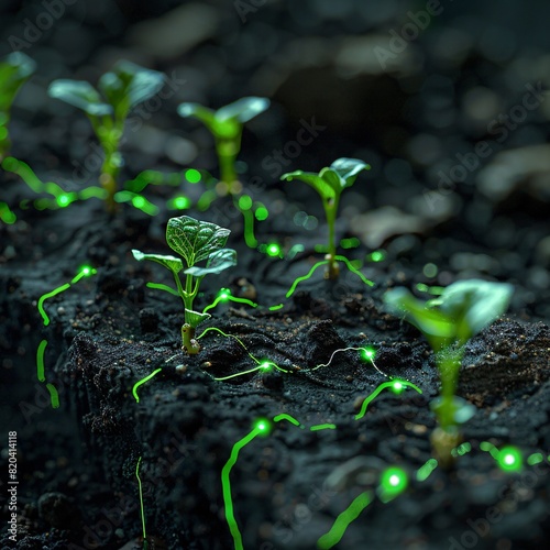 Young plants emerging from soil with glowing light representing growth and connection in a dark environment. Concept of nature and technology. photo