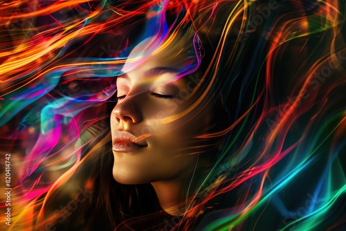 Beautiful woman with closed eyes and colorful energy waves around her head.