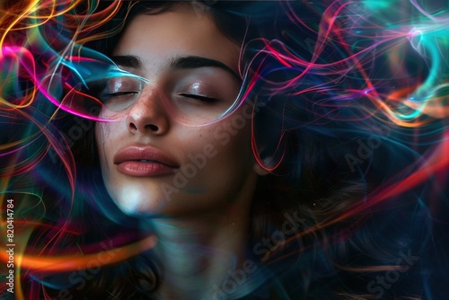 Beautiful woman with closed eyes and colorful energy waves around her head.