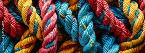 Closeup of colorful ropes and twines arranged in an intricate pattern.