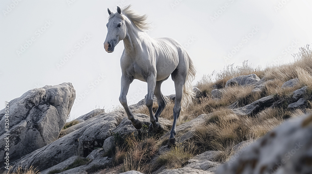 A white horse galloping across a rocky landscape A white horse galloping across a rocky landscape