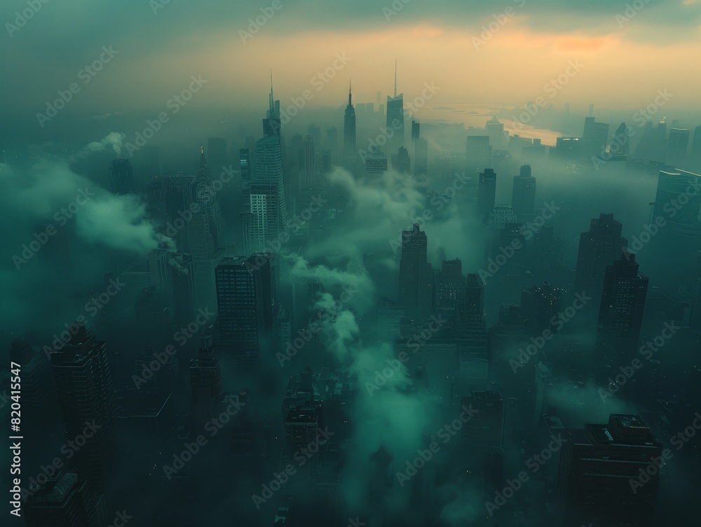 Fototapeta premium A city almost totally obscured by green smoke and fog and pollution. 