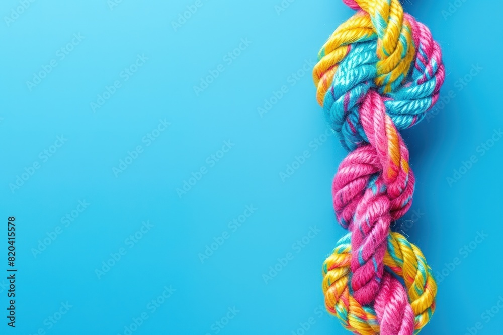 Photo of a colorful rope with an intricate knot on a blue background. Photo of a colorful rope with an intricate knot on a blue background.