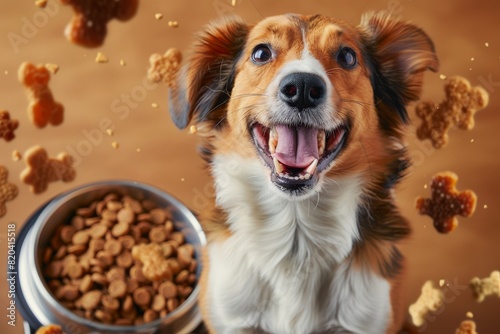  Happy dog in front of bowl of dogs food 