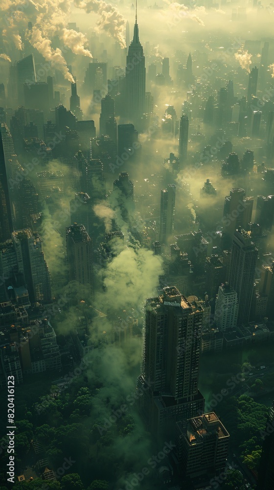 A city almost totally obscured by green smoke and fog and pollution. A city almost totally obscured by green smoke and fog and pollution.