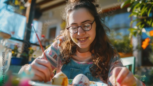 A young woman with Down syndrome enjoys a creative activity by painting Easter eggs for Easter in her backyard.