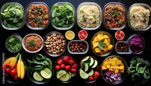 A variety of healthy food in glass containers. Top view.