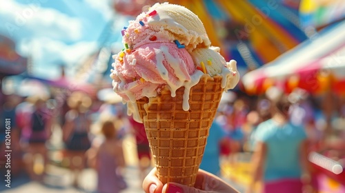 Summer Festival Delight: Child's Hand Reaching for Melting Ice Cream Cone in Vibrant Carnival Scene
