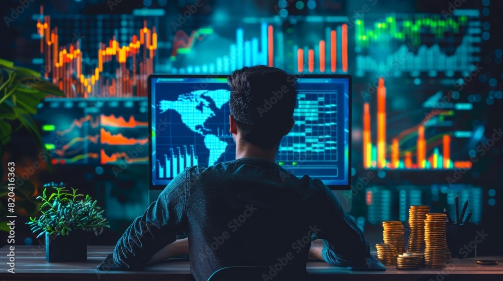 Financial Growth: Depict the concept of financial growth with a person analyzing graphs and charts on a computer.
