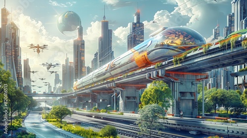 Future Mobility: Illustrate a futuristic urban scene with advanced transportation modes like flying cars, electric bikes, and high-speed trains. photo