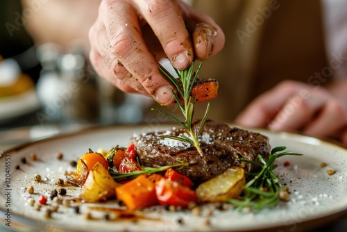 Photo of chef plating steak with vegetables on a plate.