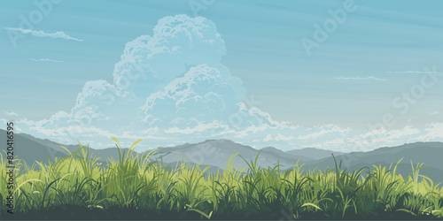 Countryside glass fields landscape with mountain range flat design graphic illustration have blank space.