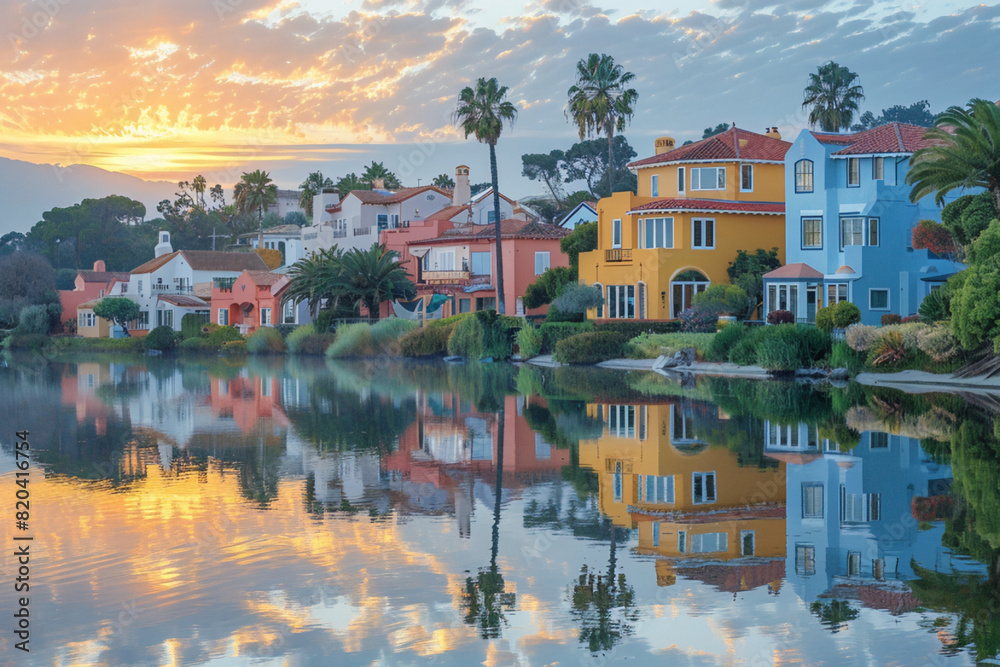 Generate an image capturing the sunrise over a quaint coastal village, with pastel-colored houses nestled among palm trees, their reflections shimmering in the calm waters of the bay