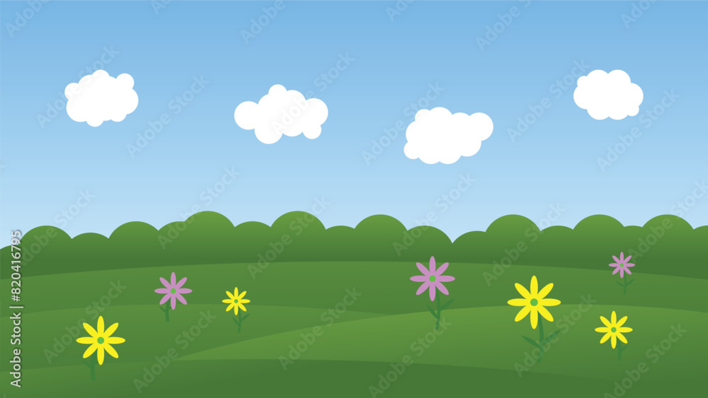 landscape cartoon scene. colorful flower on green field with sun and white cloud on blue sky background