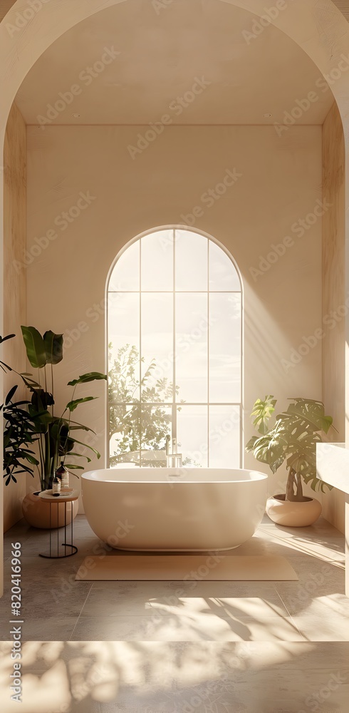 A bright bathroom with an arched window and large bathtub in the center, with light beige walls