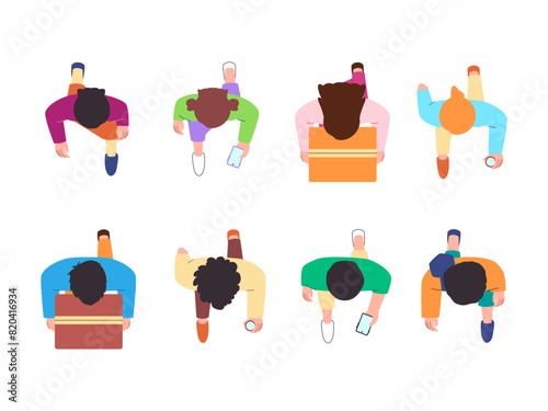 people young guy and woman top view walking holding cup water and phone with carrying box cardboard