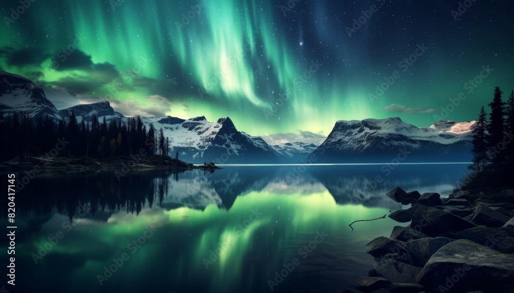 Naklejka premium Aurora borealis, also known as the northern lights, is a natural light display in the Earth's sky, predominantly seen in high-latitude regions.