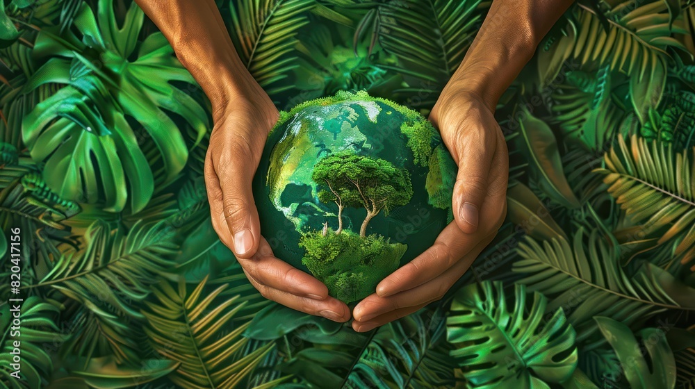 An Environmental protection with hands covering the earth decorated with greenery. Contrasting with the tropical summer landscape Symbol of the importance of ecological conservation An Environmental protection with hands covering the earth decorated with greenery. Contrasting with the tropical summer landscape Symbol of the importance of ecological conservation