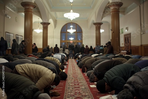 Community members coming together for a special New Years prayer at a mosque. photo