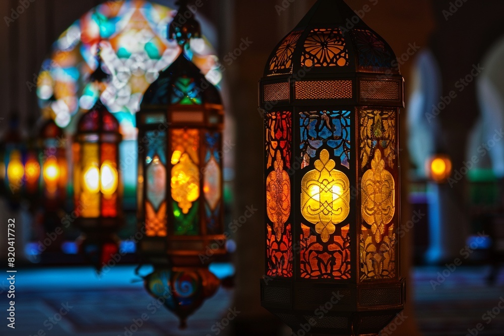 Decorative mosque lamps and lanterns lit up for the occasion. Decorative mosque lamps and lanterns lit up for the occasion.