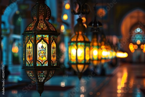 Decorative mosque lamps and lanterns lit up for the occasion.
