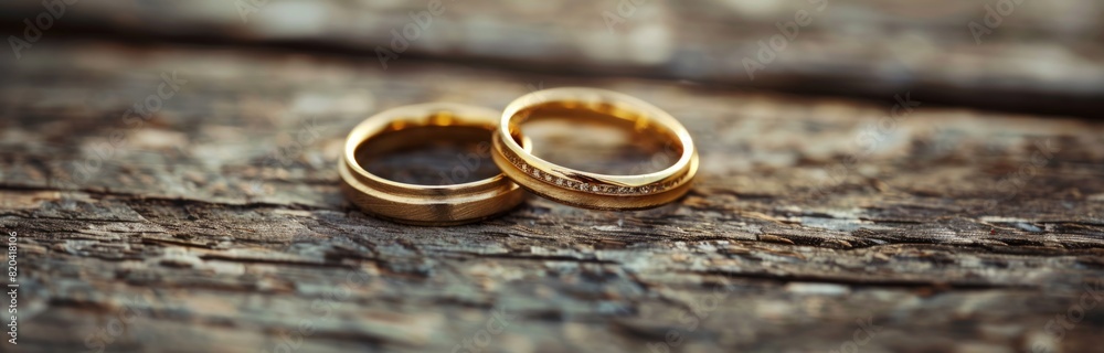 Closeup shot focusing on the details and textures of both gold rings. Closeup shot focusing on the details and textures of both gold rings.