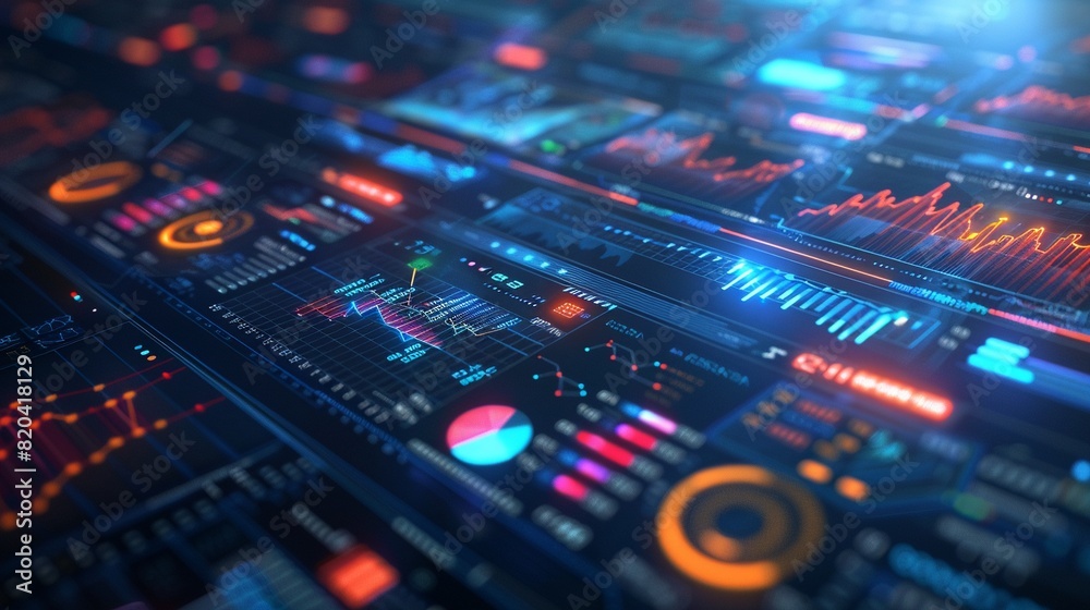 High-tech digital interface with interactive graphs and data visualizations. High-tech digital interface with interactive graphs and data visualizations.
