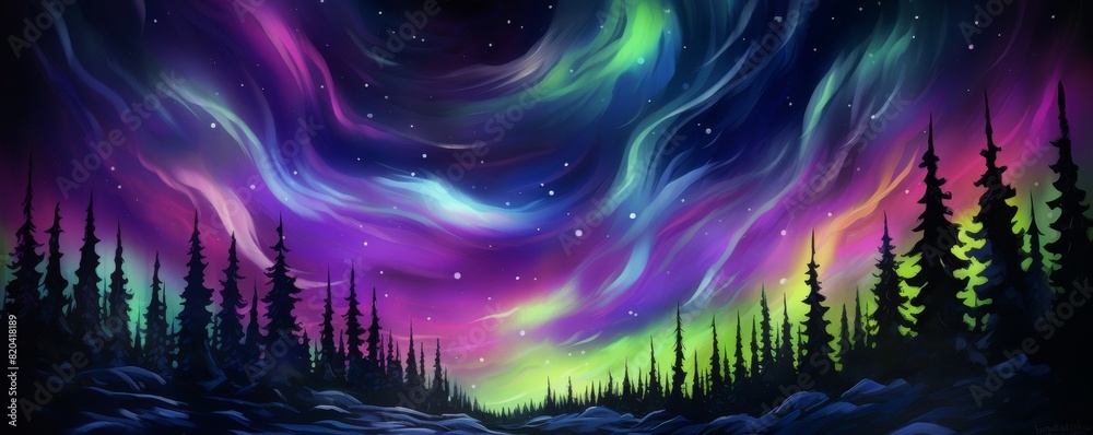 Fototapeta premium Colorful sky with green, purple and blue lights.