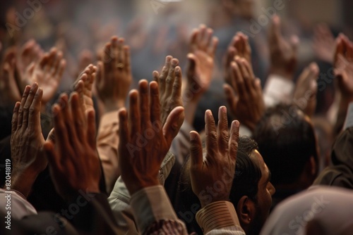 Hands of worshippers raised in prayer during a special New Years Eve service at a mosque.