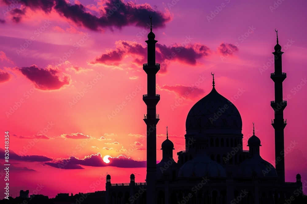 Silhouette of a mosque against a sunset sky to signify the beginning of the Islamic year.