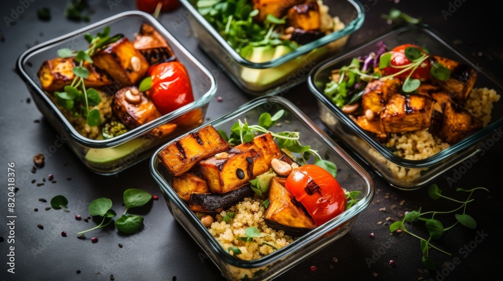 Four meal prep containers filled with healthy food. Four meal prep containers filled with healthy food.